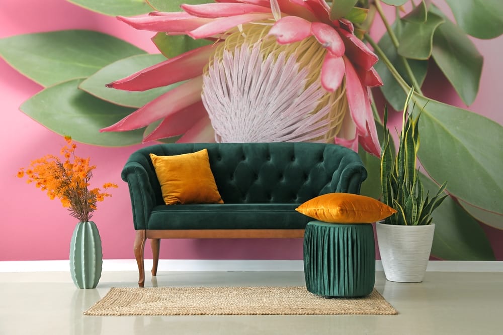 Stylish,Interior,Of,Room,With,Sofa,And,Beautiful,Protea,Flower